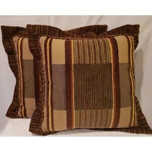 Brown Stripe Throw Pillows Set of 2, 16x16 inches w/Trim, Multi-Textured